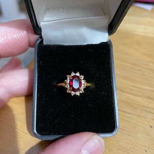 Vintage 14K Yellow Gold Ruby & Diamond Halo Ring-size 7